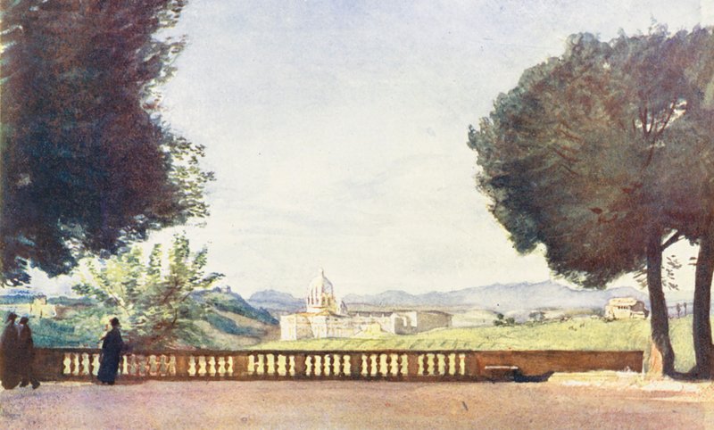 Rom: Peterskirken fra Villa Pamphili Doria (farvelitografi) af Aubrey Waterfield
