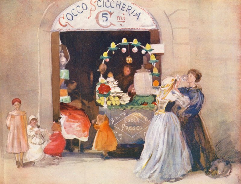 Rom: Summer Drink Shop (farvelitografi) af Aubrey Waterfield