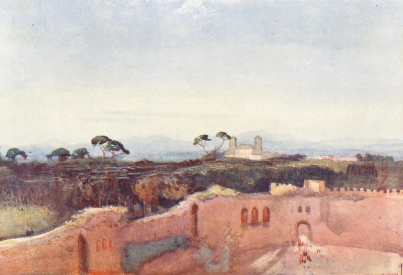 Rom: Villa Borghese fra en tagterrasse (farvelitografi) af Aubrey Waterfield