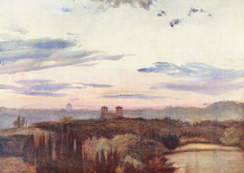 Rom: Villa Medici og Peterskirken (farvelitografi) af Aubrey Waterfield
