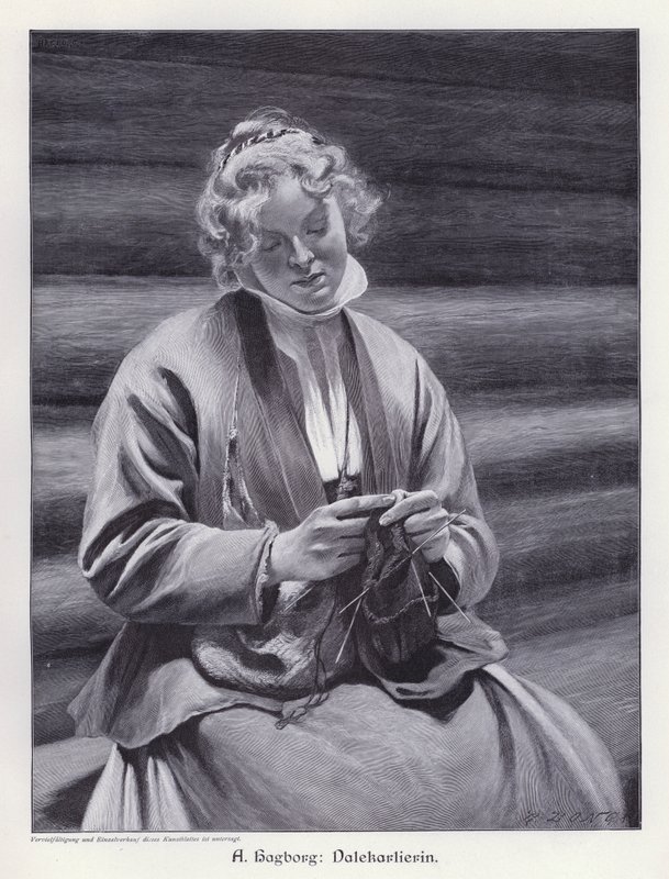Portræt af en kvinde strikning (gravering) af August Wilhelm Nikolaus Hagborg