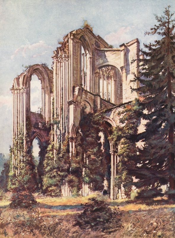 Frankrig: Saint-Wandrille Abbey (farvelitografi) af Auguste Gerardin