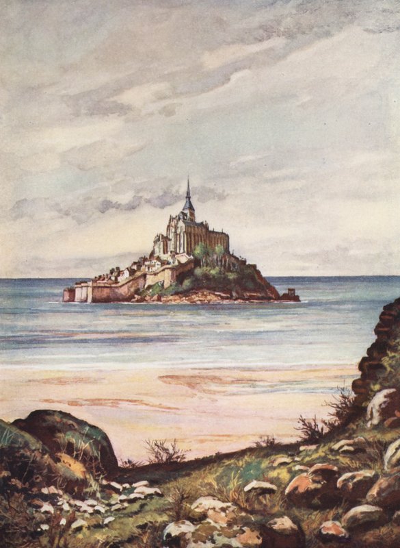 Frankrig: Mont Saint-Michel (farvelitografi) af Auguste Gerardin