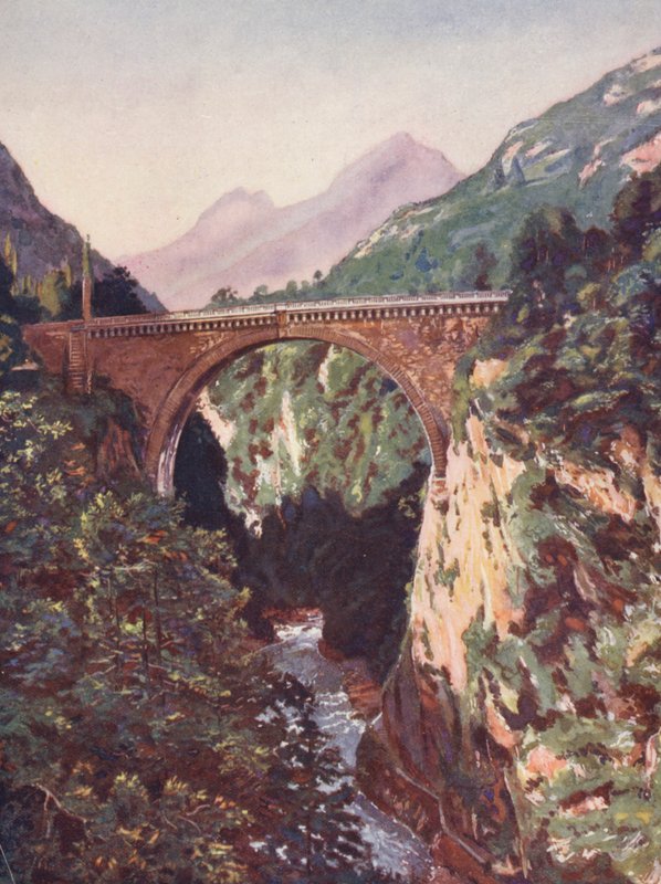 Frankrig: Pont Saint-Sauveur og Gave De Pau (farvelitografi) af Auguste Gerardin
