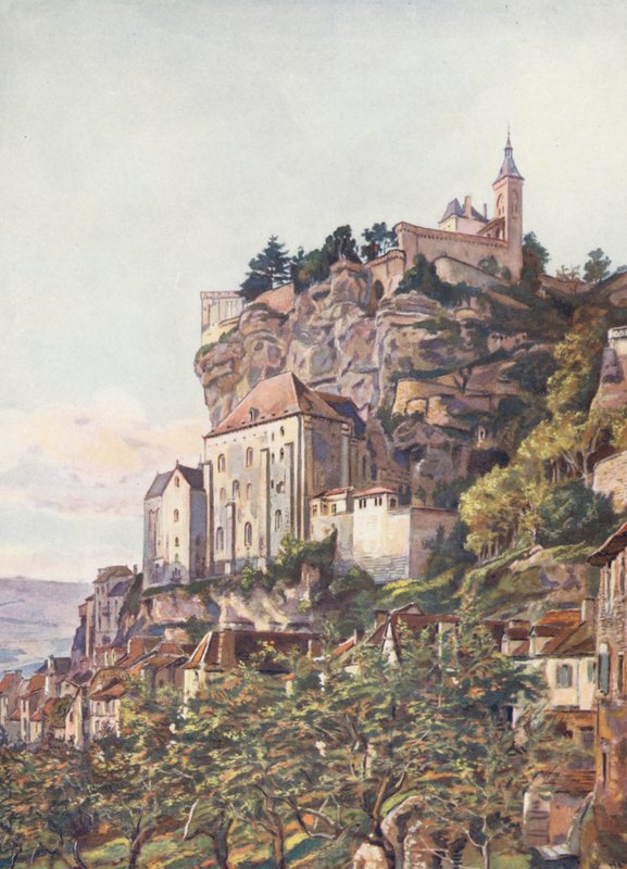 Frankrig: Helligdommen i Rocamadour (farvelitografi) af Auguste Gerardin