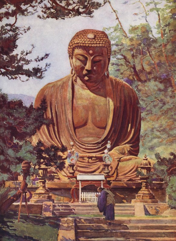 Daiboutsou i Kamakoura, Japan (farvelitografi) af Auguste Gerardin