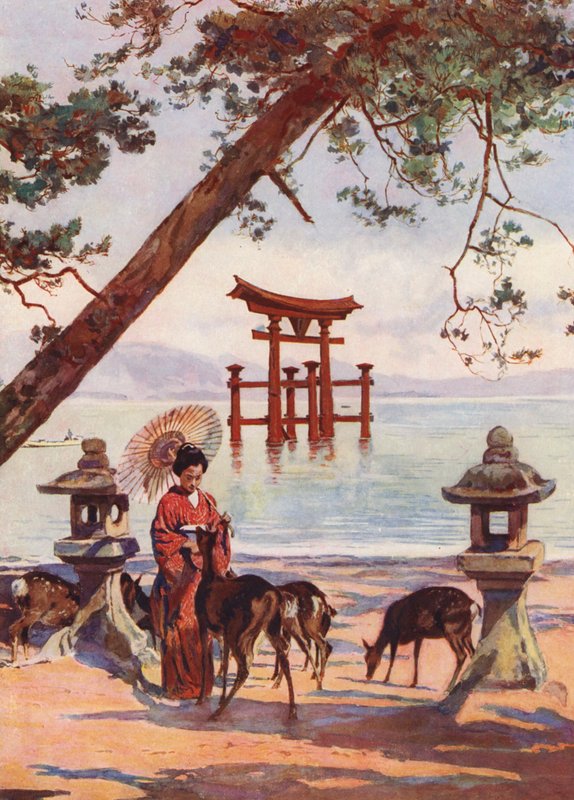 Torii ved Miyajima, Japan (farvelitografi) af Auguste Gerardin