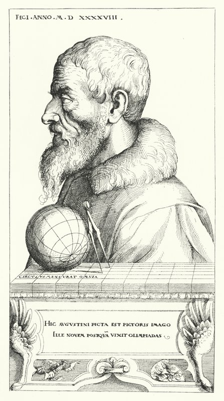 Selvportræt af Augustin Hirschvogel, tysk kunstner, matematiker og kartograf (gravering) af Augustin Hirschvogel