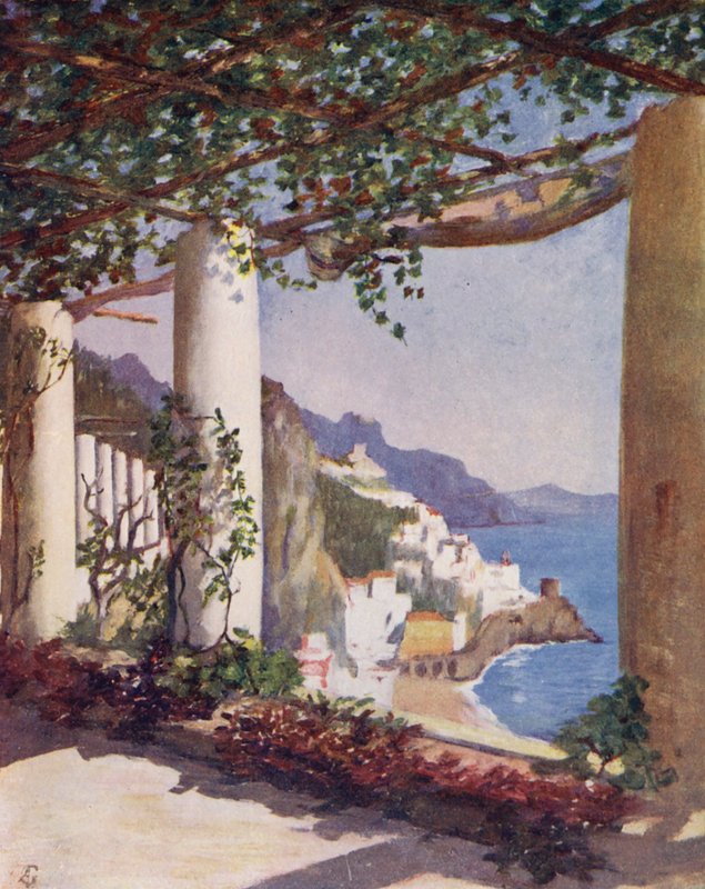 Amalfi fra terrassen på Cappucini Hotel, efterår (farvelitografi) af Augustine Fitzgerald