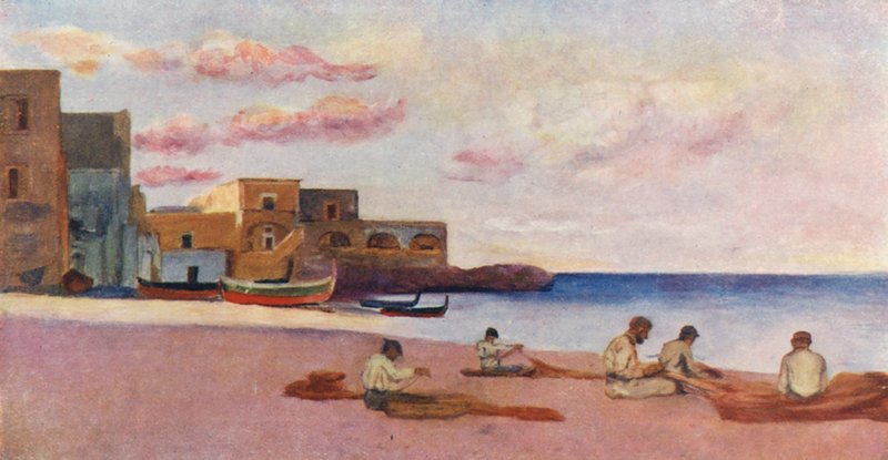 Aften på stranden ved Ischias marina (farvelitografi) af Augustine Fitzgerald