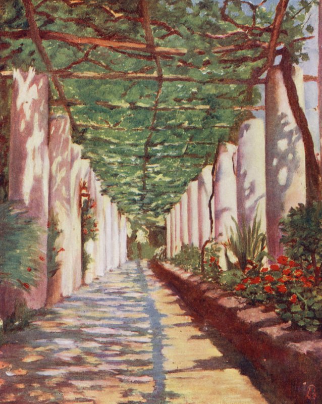 Terrasse på Cappucini Hotel, Amalfi, i fuld sommer (farvelitografi) af Augustine Fitzgerald