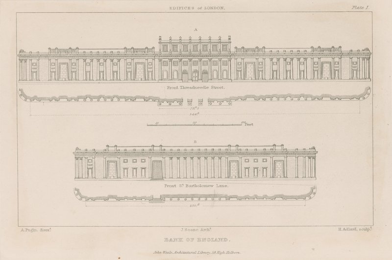 Bank of England, Sir John Soanes sydfront, 1823 af Augustus Charles Pugin
