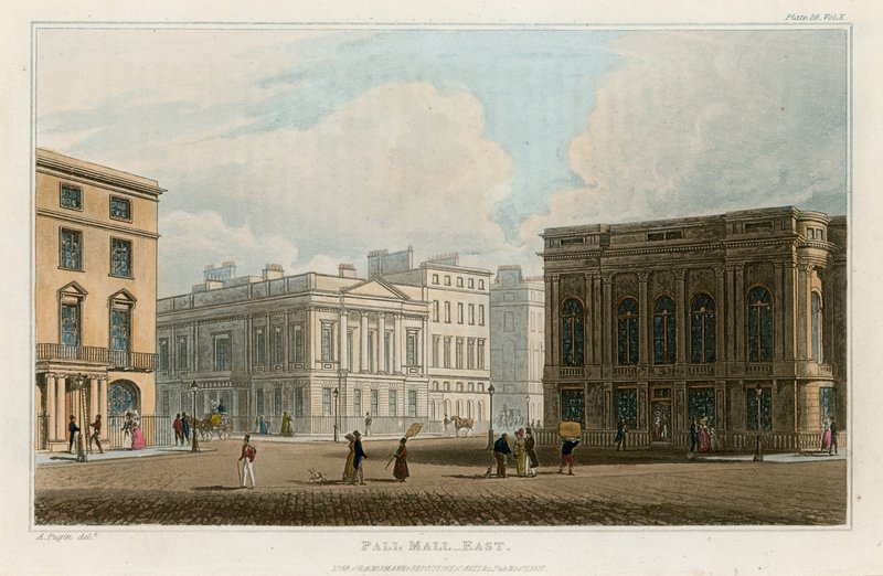Pall Mall East, London af Augustus Charles Pugin