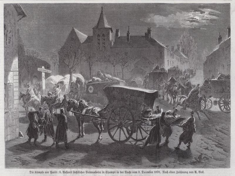 Ankomst af saksiske soldater såret i kampene uden for Paris, fransk-preussisk krig, 2. december 1870 (gravering) af Augustus J. Beck