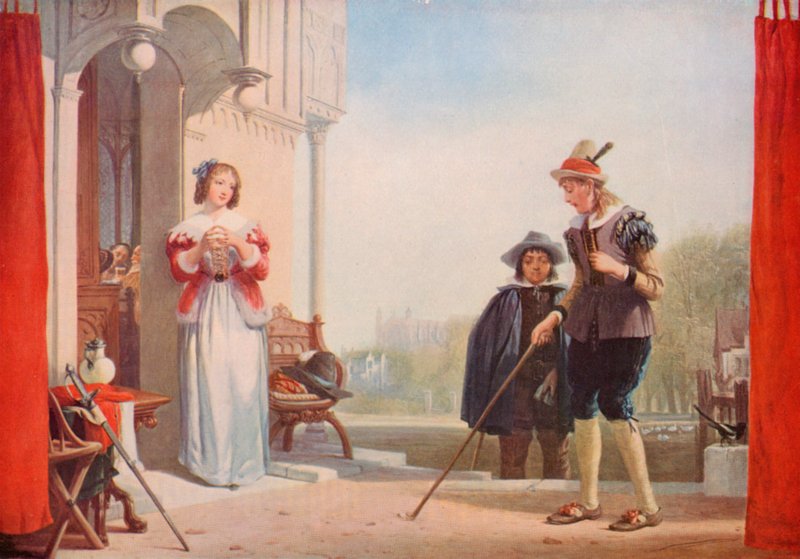 Shakespeare: Slender and Anne Page, The Marry Wives of Windsor, Act I, Scene 1 (farve litho) af Augustus Wall (after) Callcott