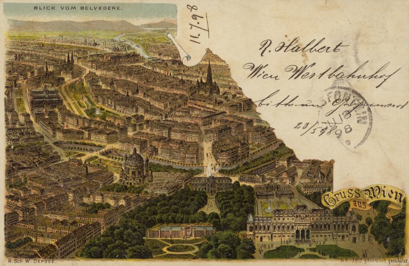 Postkort, der viser en luftfoto af byen Wien af Austrian School
