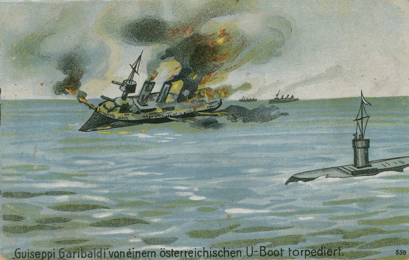 Sænkning af den italienske krydser Giuseppe Garibaldi af den østrigske ubåd U-4, Første Verdenskrig, 18. juli 1915 af Austrian School
