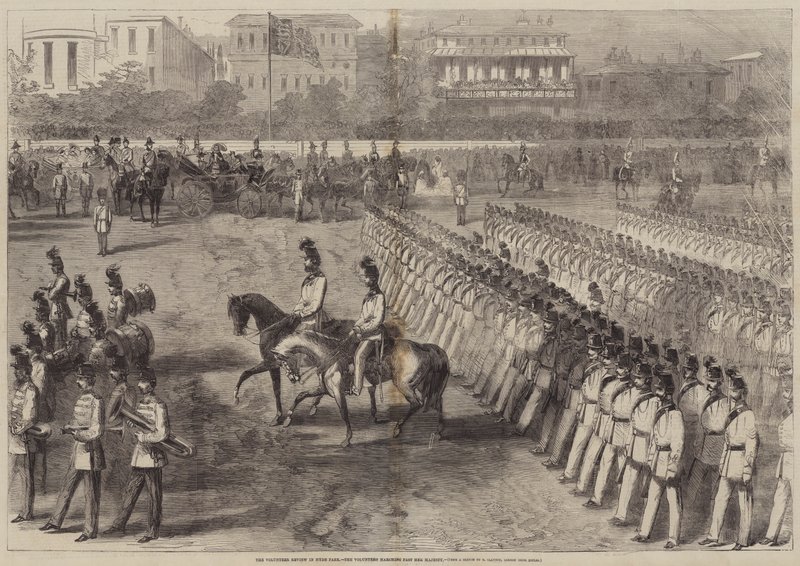 The Volunteer Review i Hyde Park, de frivillige, der marcherer forbi Hendes Majestæt af B. Clayton