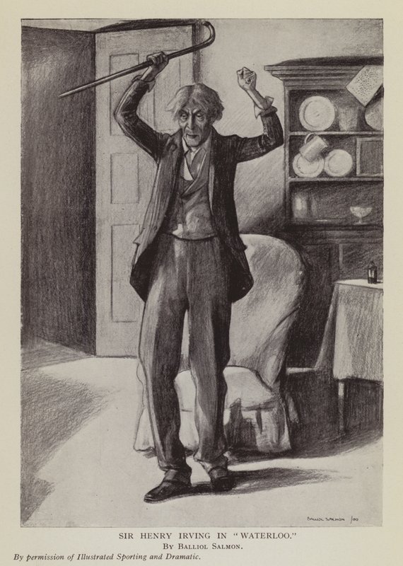 Den engelske skuespiller Henry Irving i Arthur Conan Doyles skuespil Waterloo (litografi) af Balliol (after) Salmon