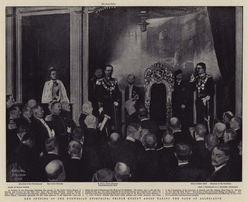 Åbningen af den norske stænderforsamling, prins Gustav Adolf aflægger troskabsed (litografi) af Balliol (after) Salmon