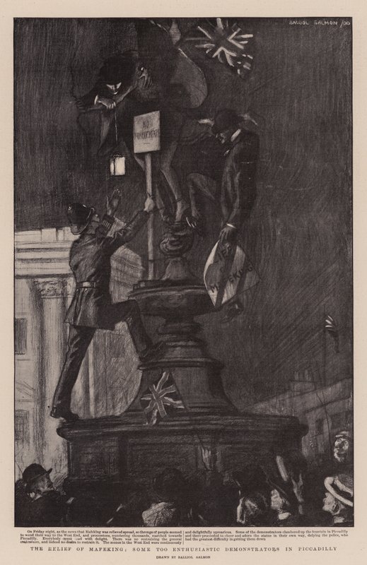 Afløsningen af Mafeking, nogle alt for entusiastiske demonstranter i Piccadilly (litografi) af Balliol (after) Salmon
