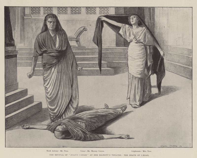 Genopførelsen af "Julius Cæsar" på Hendes Majestæts Teater, Cæsars død (kobberstik) af Balliol (after) Salmon