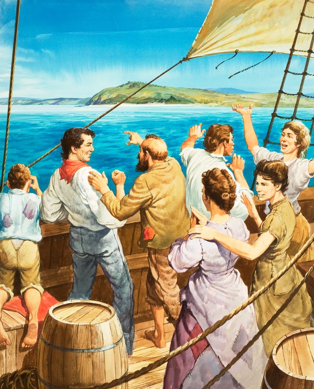 The Welcome Sight of Land (gouache på papir) af Barrie Linklater