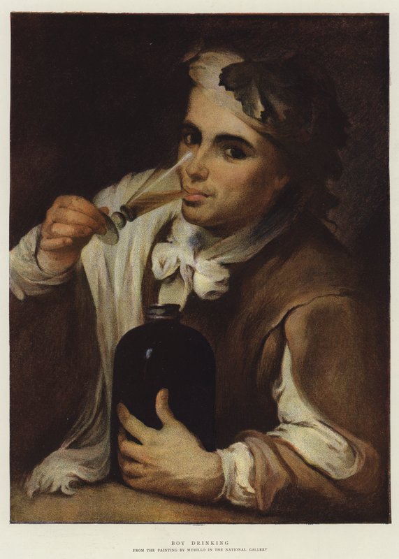 Drenge drikker (chromolitho) af Bartolomé Esteban Murillo