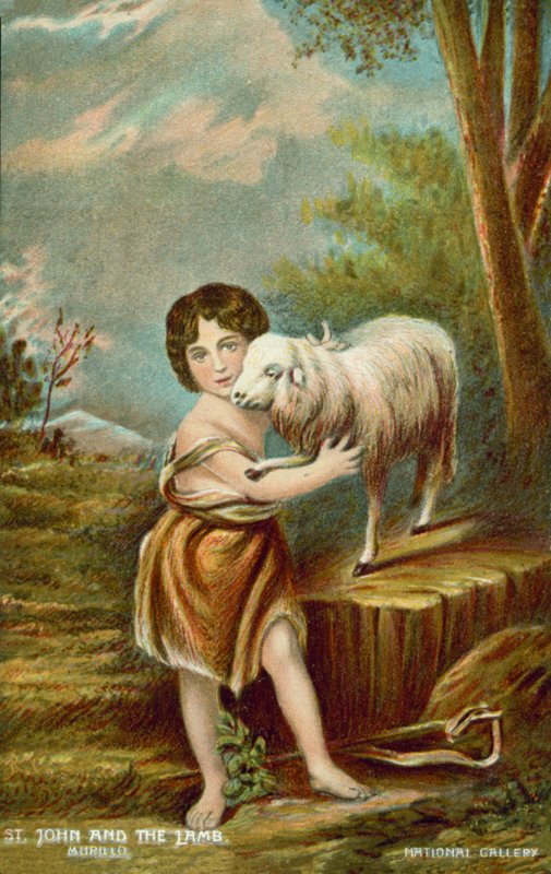 Barnet Johannes Døberen og Lammet (farvelitografi) af Bartolome Esteban (after) Murillo