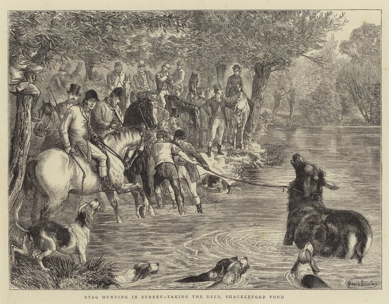 Jagt på hjorte i Surrey, at tage hjortene, Shackleford Pond af Basil Bradley