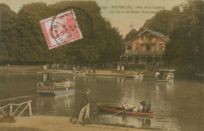 Søen og Chalet Robinson, Bois de la Cambre, Bruxelles. Postkort sendt i 1913. af Belgian Photographer