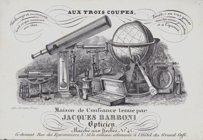 Annonce for Jacques Barboni optiske instrumenter (litho) af Belgian School