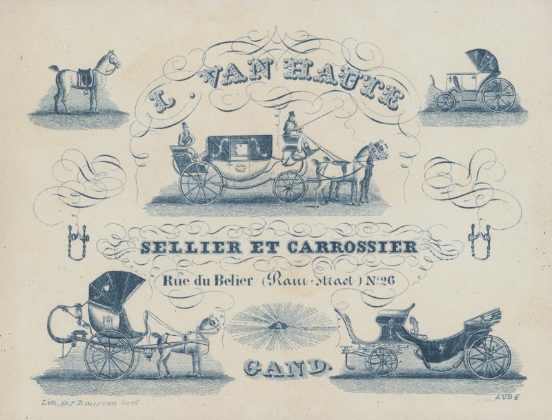 Annonce for L van Haute, sadelmager og karosmager, Gent, Belgien (litho) af Belgian School