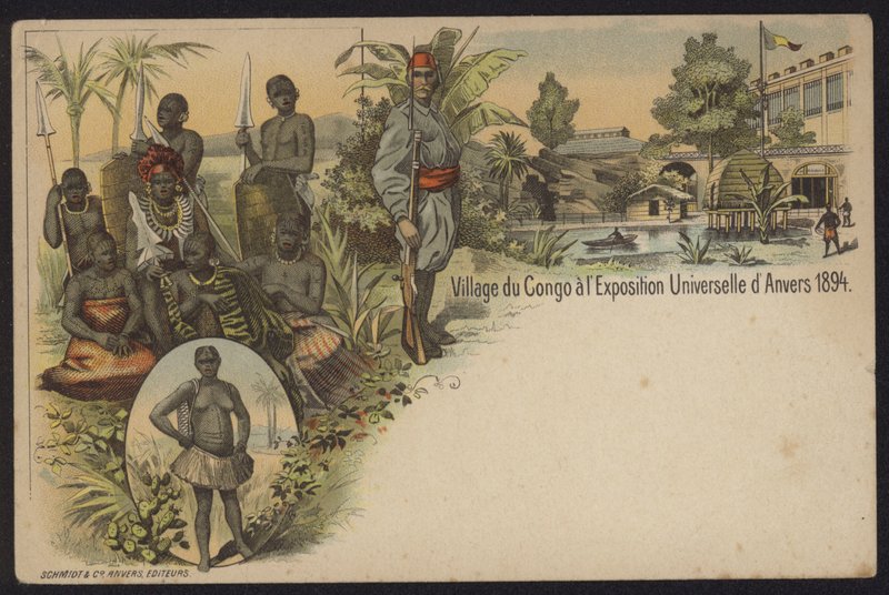 Congolesisk landsby udstillet på Exposition Internationale d"Anvers, Antwerpen, Belgien, 1894 af Belgian School