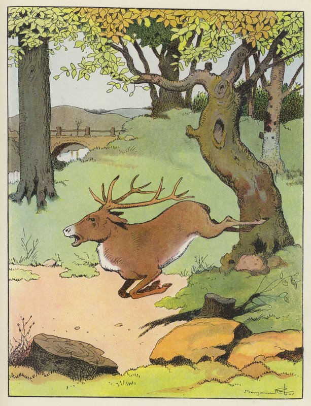 Hjort løber gennem en skov af Benjamin Rabier