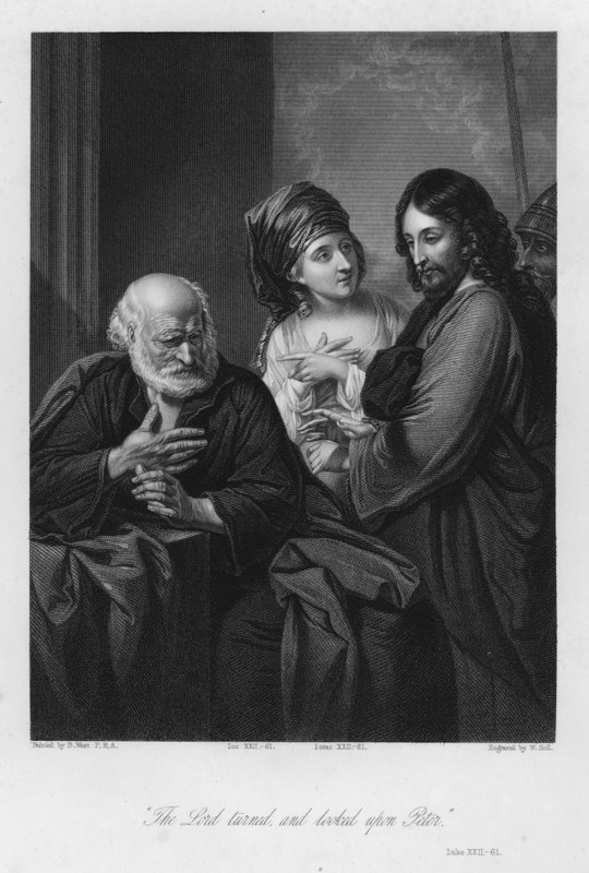 Peter fornægter Kristus, Lukas XXII, 61 (gravering) af Benjamin (after) West