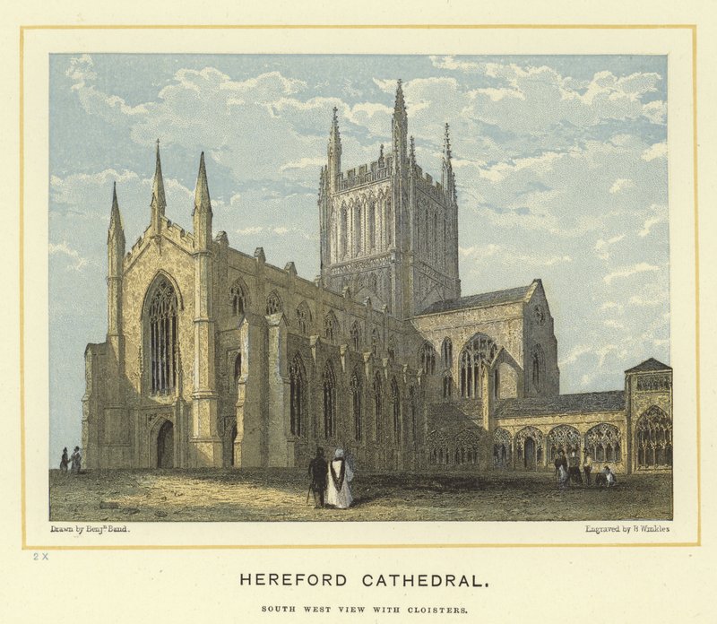 Hereford Cathedral, sydvestlig udsigt med klostre af Benjamin Baud
