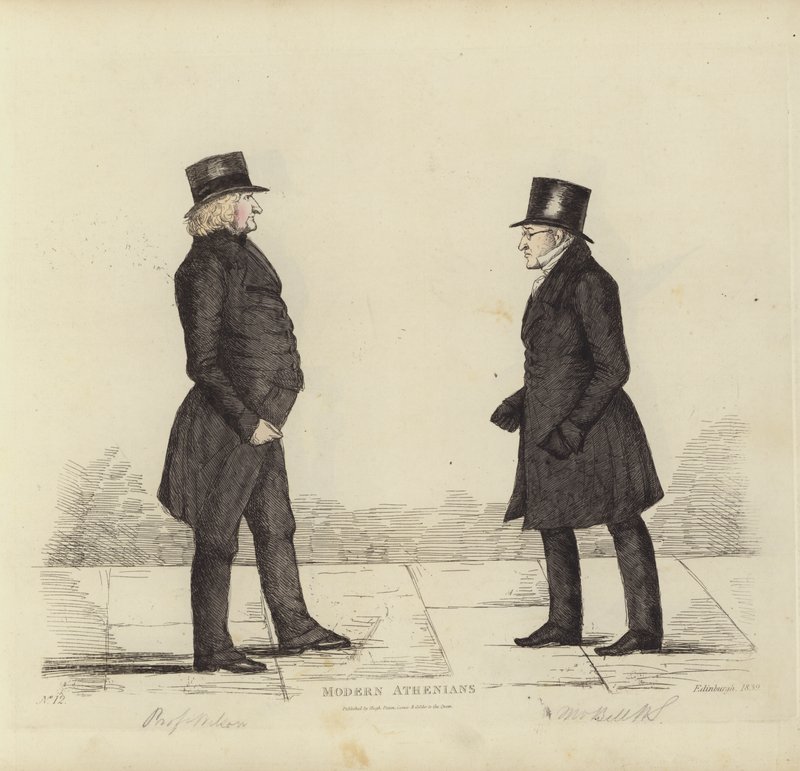 Fremtrædende Edinburghianere, alias moderne athenere, John Wilson, Esq, professor i moralfilosofi, George Joseph Bell, Esq, professor i skotsk lov (farvegravering) af Benjamin William Crombie