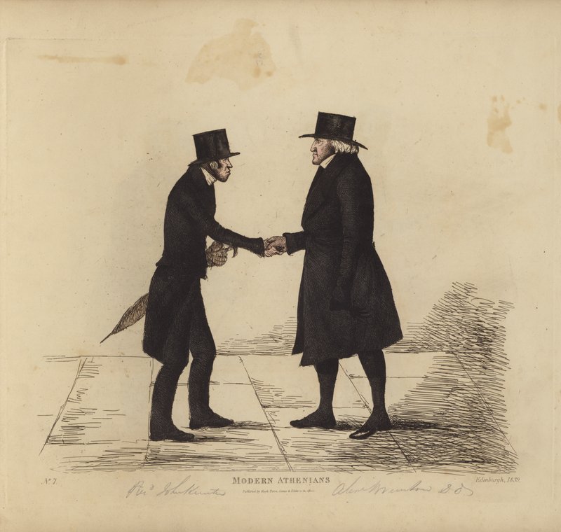 Fremtrædende Edinburghianere, alias moderne athenere, Rev John Hunter, MA, fra Tron Church, Rev Dr. Brunton, hans kollega, professor i hebraisk osv. (farvet gravering) af Benjamin William Crombie