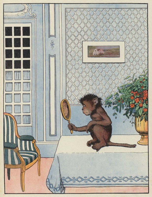 Abe ser på sin refleksion i et spejl af Benjamin Rabier