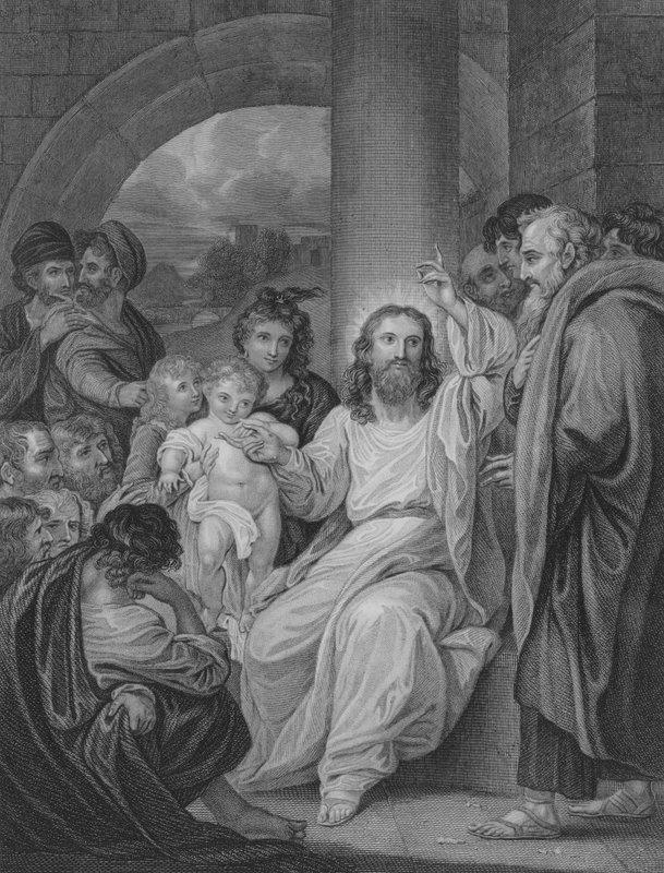 Små børn bragt til Kristus, Markus 10, vers 13-17 af Benjamin after West