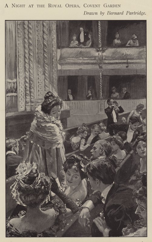 En nat på Royal Opera, Covent Garden, London (litho) af Bernard (after) Partridge