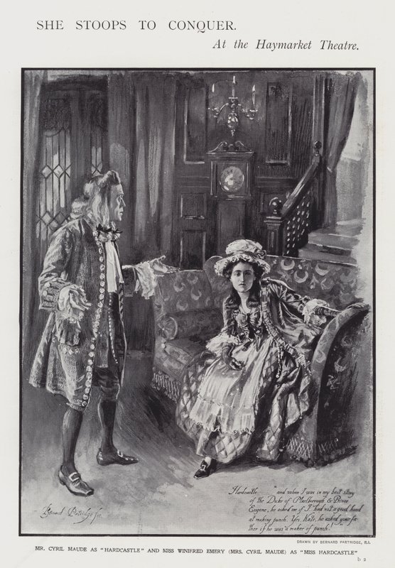 En opførelse af Oliver Goldsmiths komedie She Stoops to Conquer på Haymarket Theatre, London (litho) af Bernard (after) Partridge