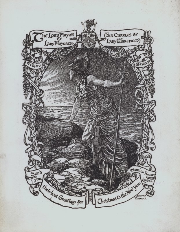 Britannia ser ud til havet, første verdenskrigs julehilsen fra Lord Mayor og Lady Mayoress of London, Sir Charles og Lady Wakefield af Bernard (after) Partridge