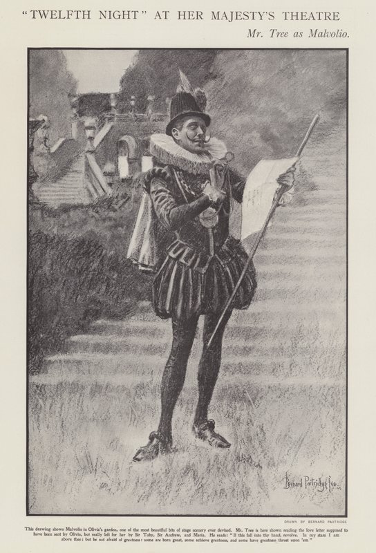 Herbert Beerbohm Tree som Malvolio i en produktion af Shakespeares Twelth Night på Her Majesty