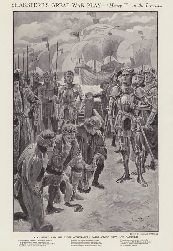 Scene fra en produktion af Shakespeares Henry V på Lyceum Theatre, London (litho) af Bernard (after) Partridge