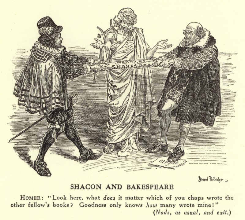 Shacon og Bakespeare - Shakespeares forfatterskab (gravering) af Bernard (after) Partridge