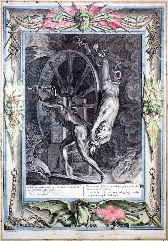 Ixion bundet til det evigt drejende ildhjul (farvet indgravering) af Bernard (after) Picart