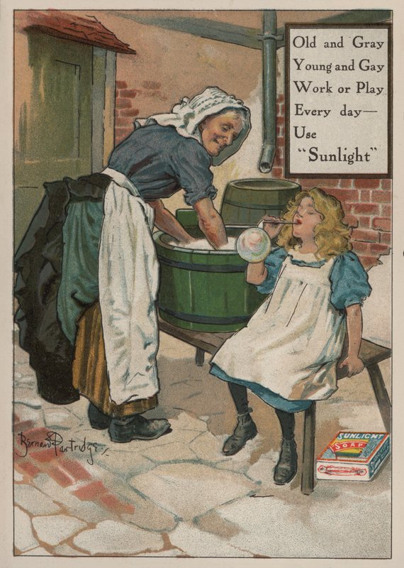 Ung pige, der blæser bobler, mens hendes bedstemor vasker: reklame for Sunlight-sæbe af Bernard Partridge