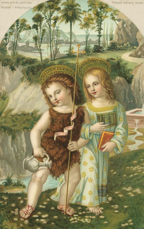 Jesus Kristus og Johannes Døberen (chromolitho) af Bernardino di Betto (after) Pinturicchio